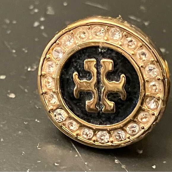 Tory Burch- Gold Logo on Black Background with Pave Stone Surround Stud Earrings - Picture 4 of 5